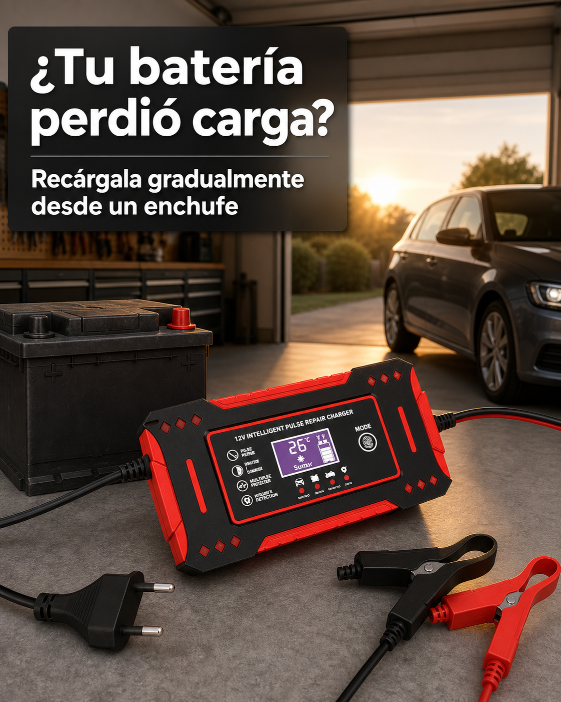 Cargador de batería 12 V con pantalla y pinzas de conexión