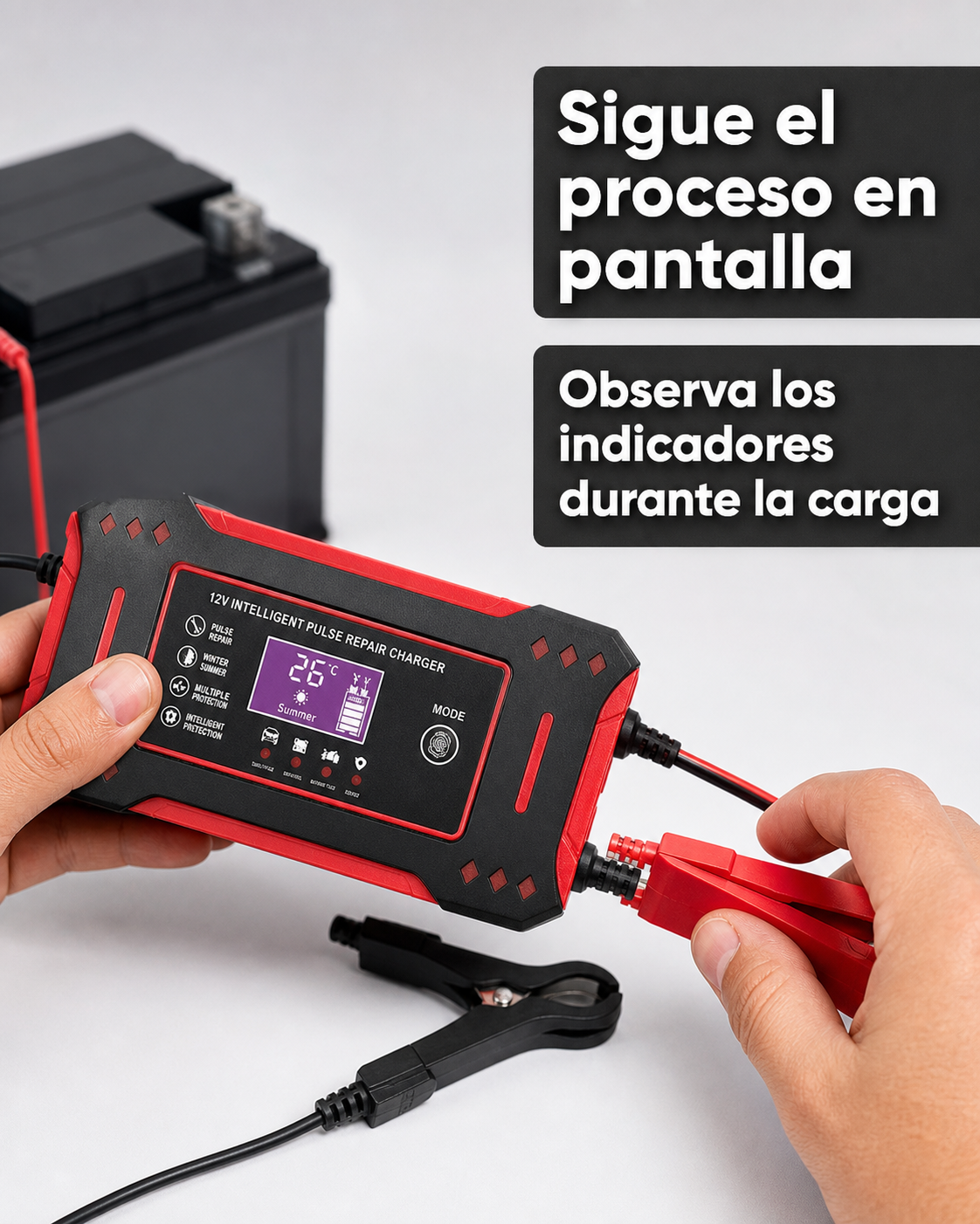 Cargador de batería 12 V con pantalla y pinzas de conexión