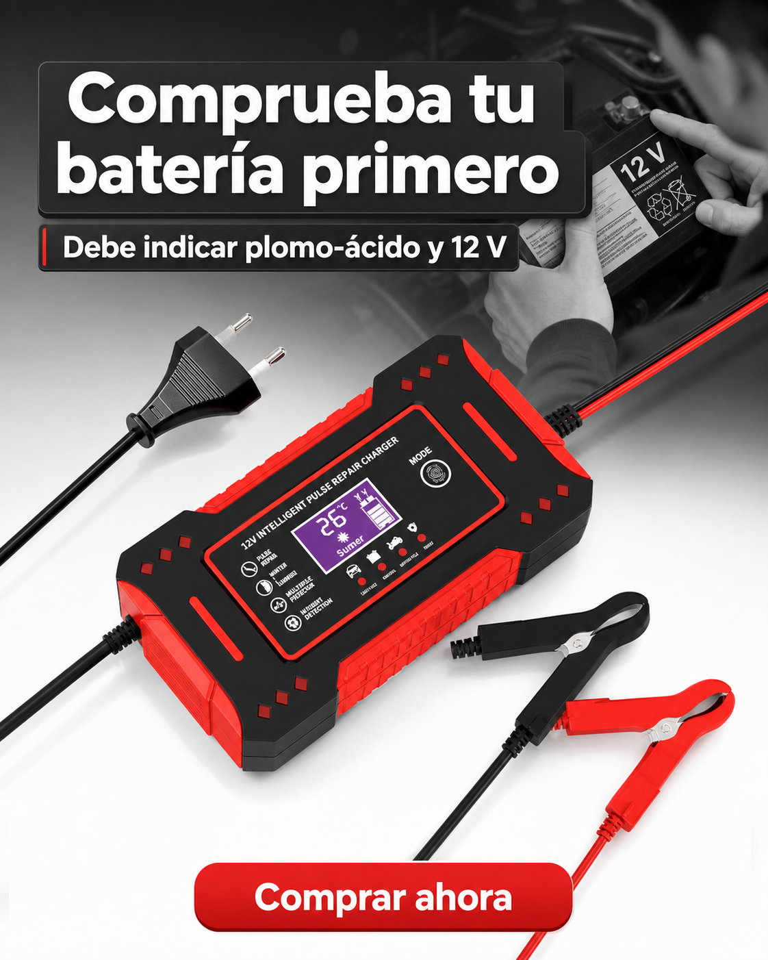 Pinzas roja y negra del cargador para batería de vehículo