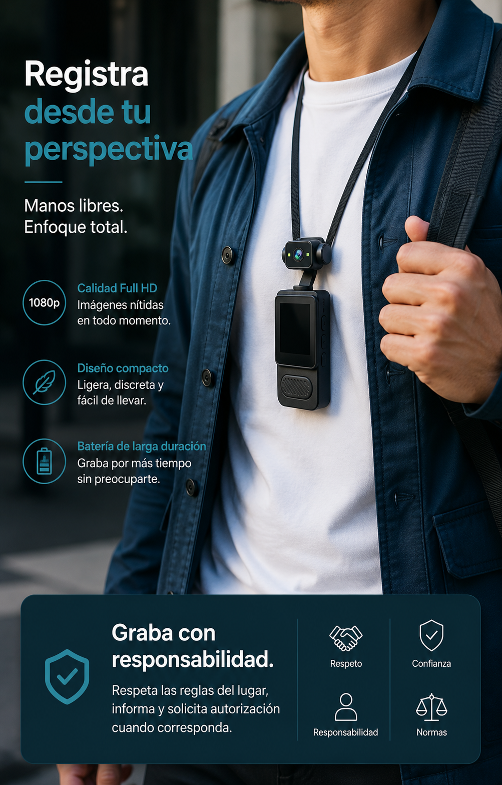 Cámara corporal portátil para registro manos libres