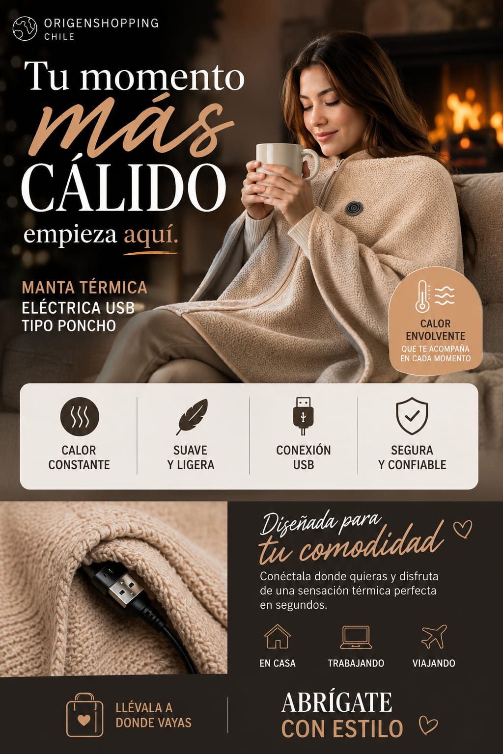 Manta eléctrica USB tipo poncho en uso