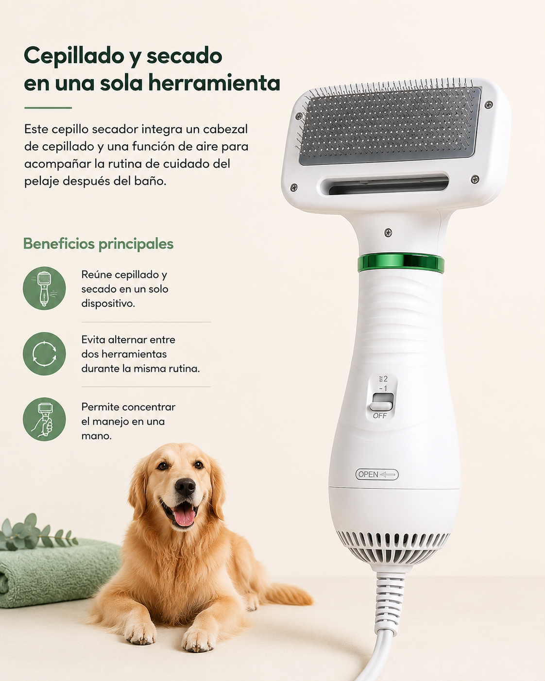 Cepillo Secador 2 en 1 para Mascotas
