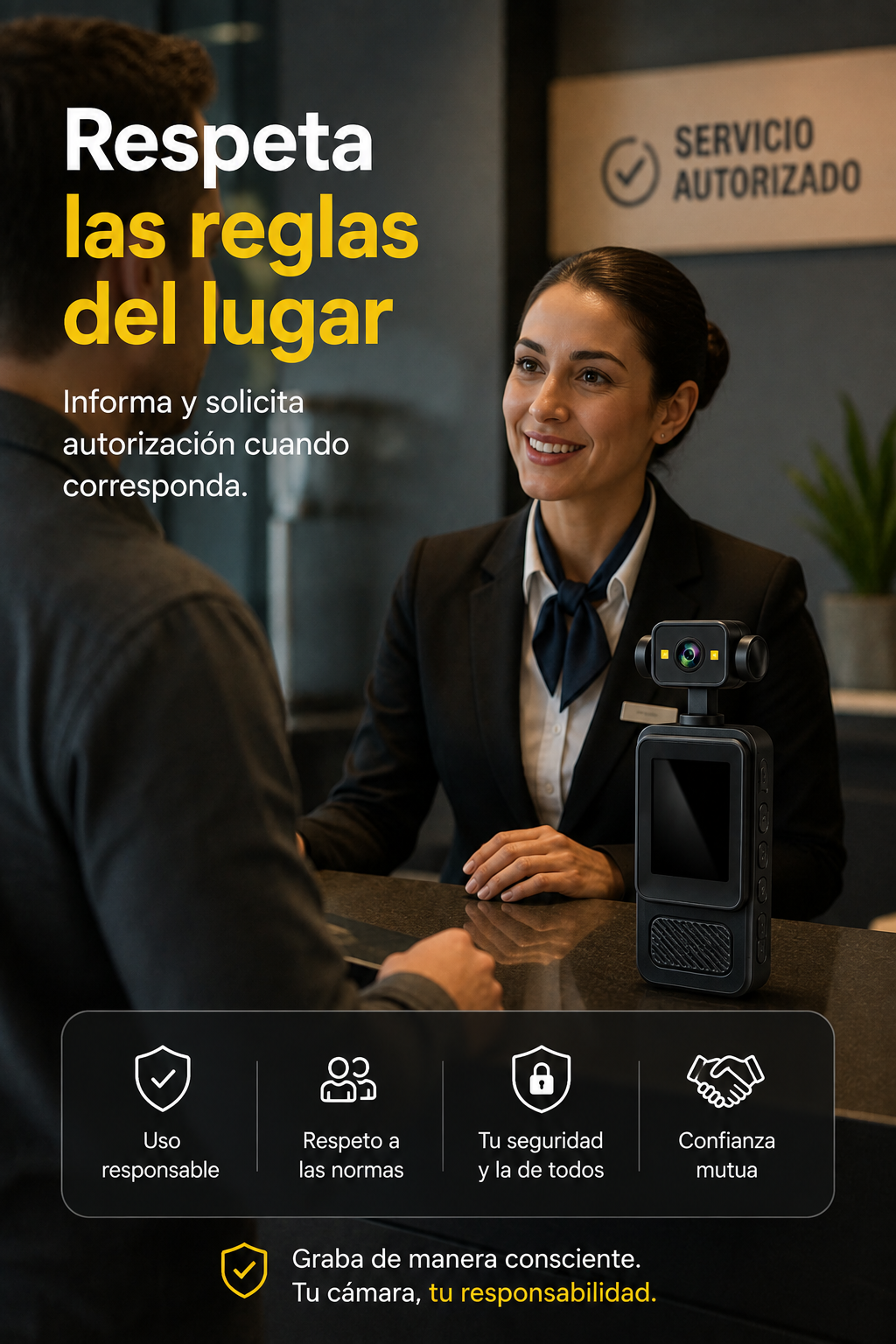 Cámara corporal colocada de forma visible sobre una prenda